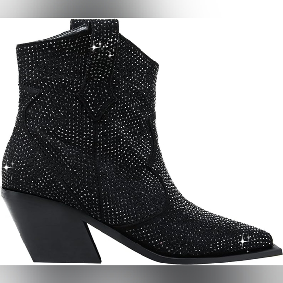 Beautiful Black Rhinestone Crystal Diamante Western Ankle Boots - Picture 4 of 6